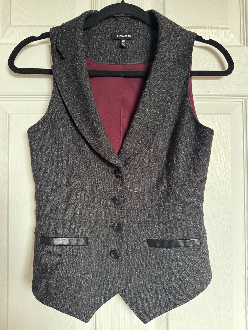 le chateau Charcoal Tweed Vest with Burgundy Lining